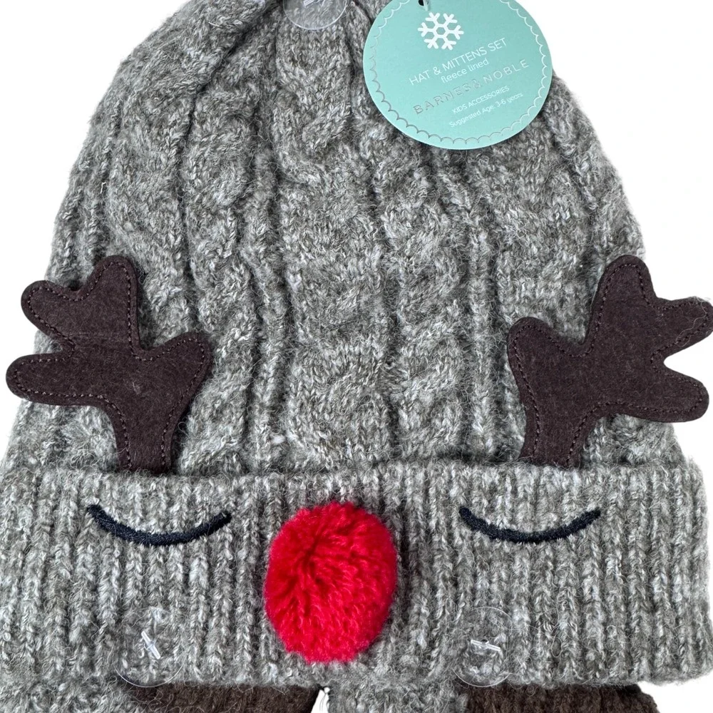 NWT Gray‎ Knit Reindeer Hat Mittens Set Kids 3-6 Winter Christmas Fleece Lined